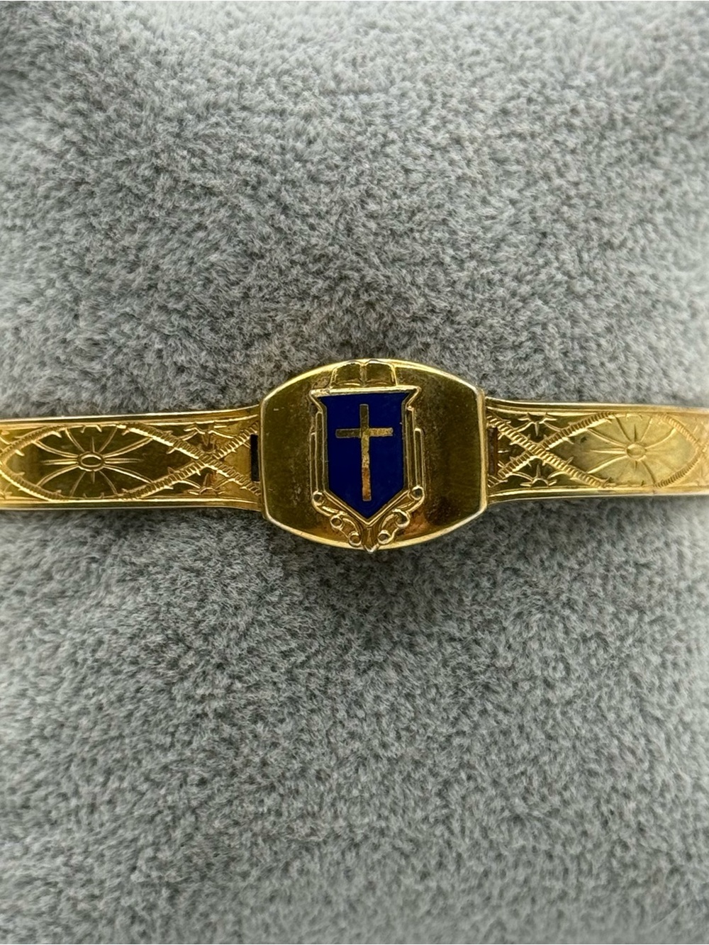 Gold Tone Blue Enamel Cross Shield bracelet cuff